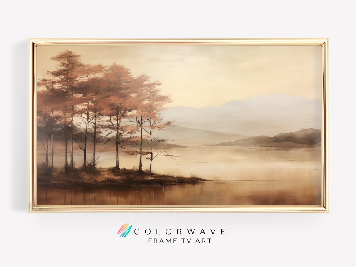 Serene Misty Autumn Lake with Trees Vintage Landscape Poster - Image 4