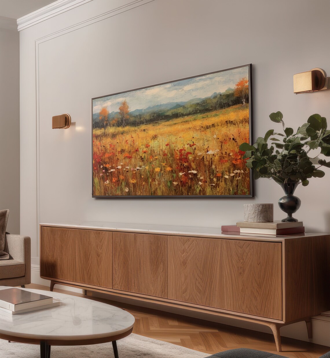 Autumn Wildflower Meadow Golden Fall Field Oil Painting Wall Art - Image 2