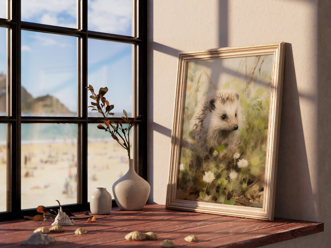 Muted Sweet Hedgehog in Flower Garden Vintage Oil Painting Poster - Image 4
