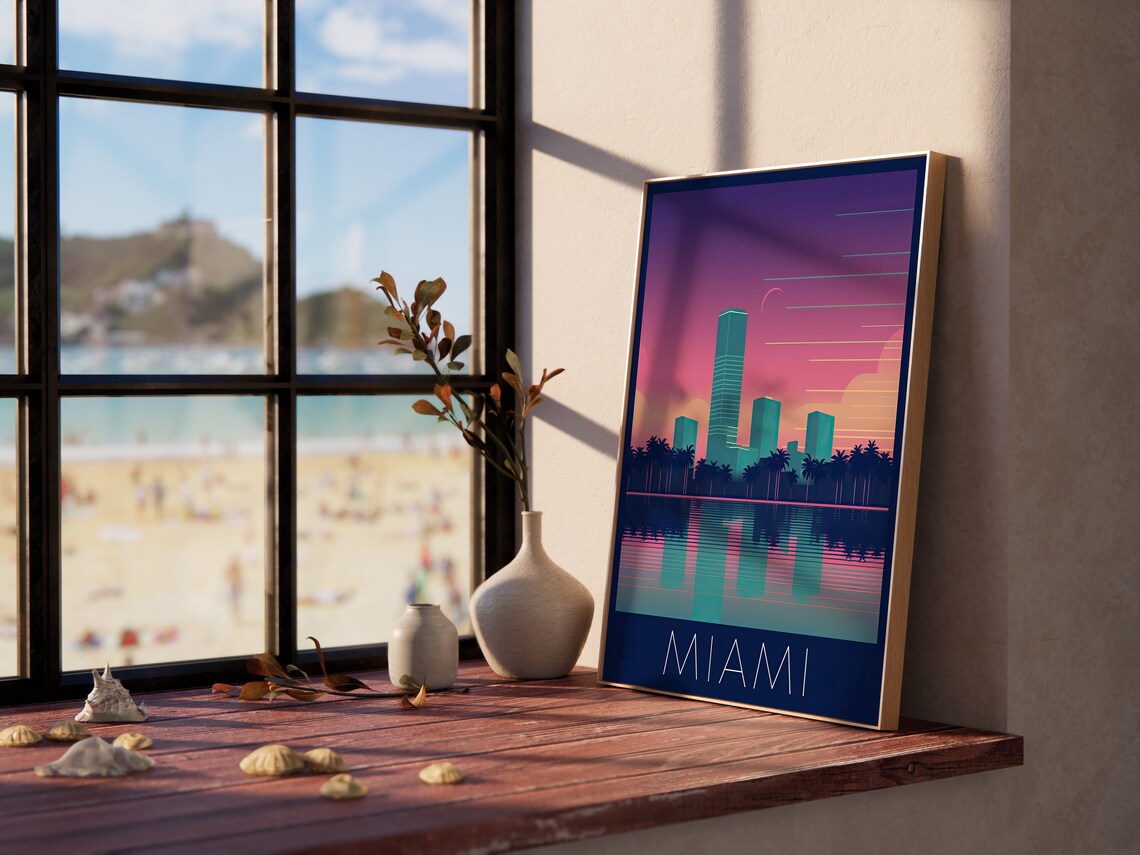 Miami Florida Retro Neon Sunset Skyline Palms Wave Travel Poster - Image 3