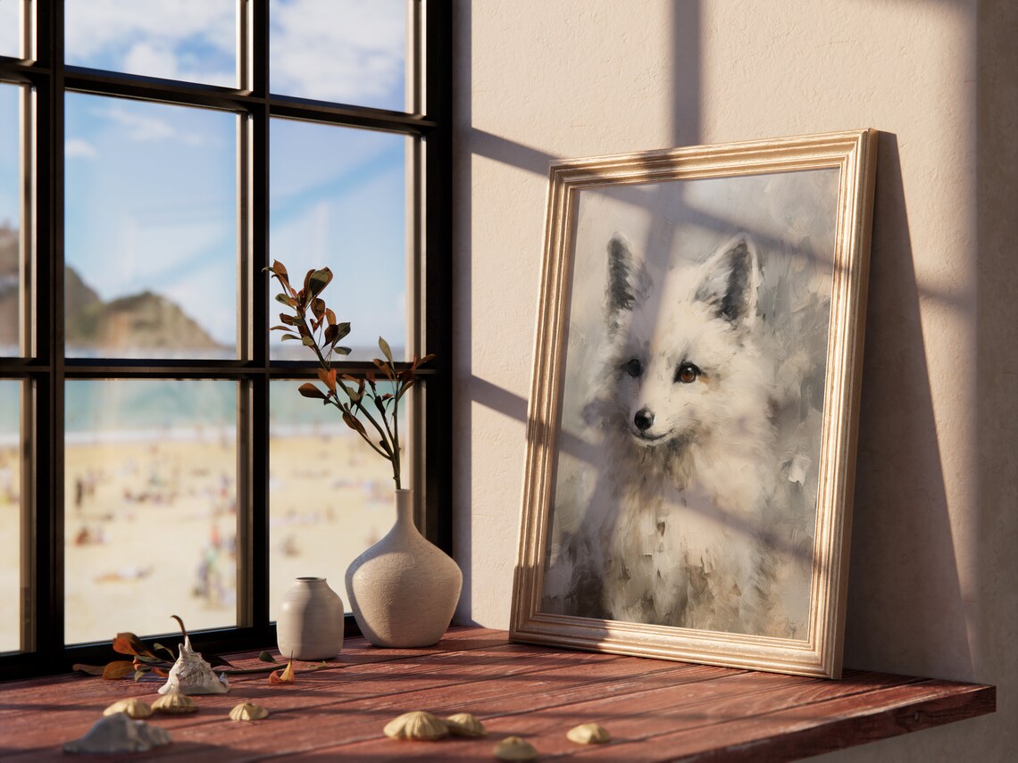 Arctic Fox Portrait Vintage Winter Wildlife Oil Painting Style Poster - Image 4