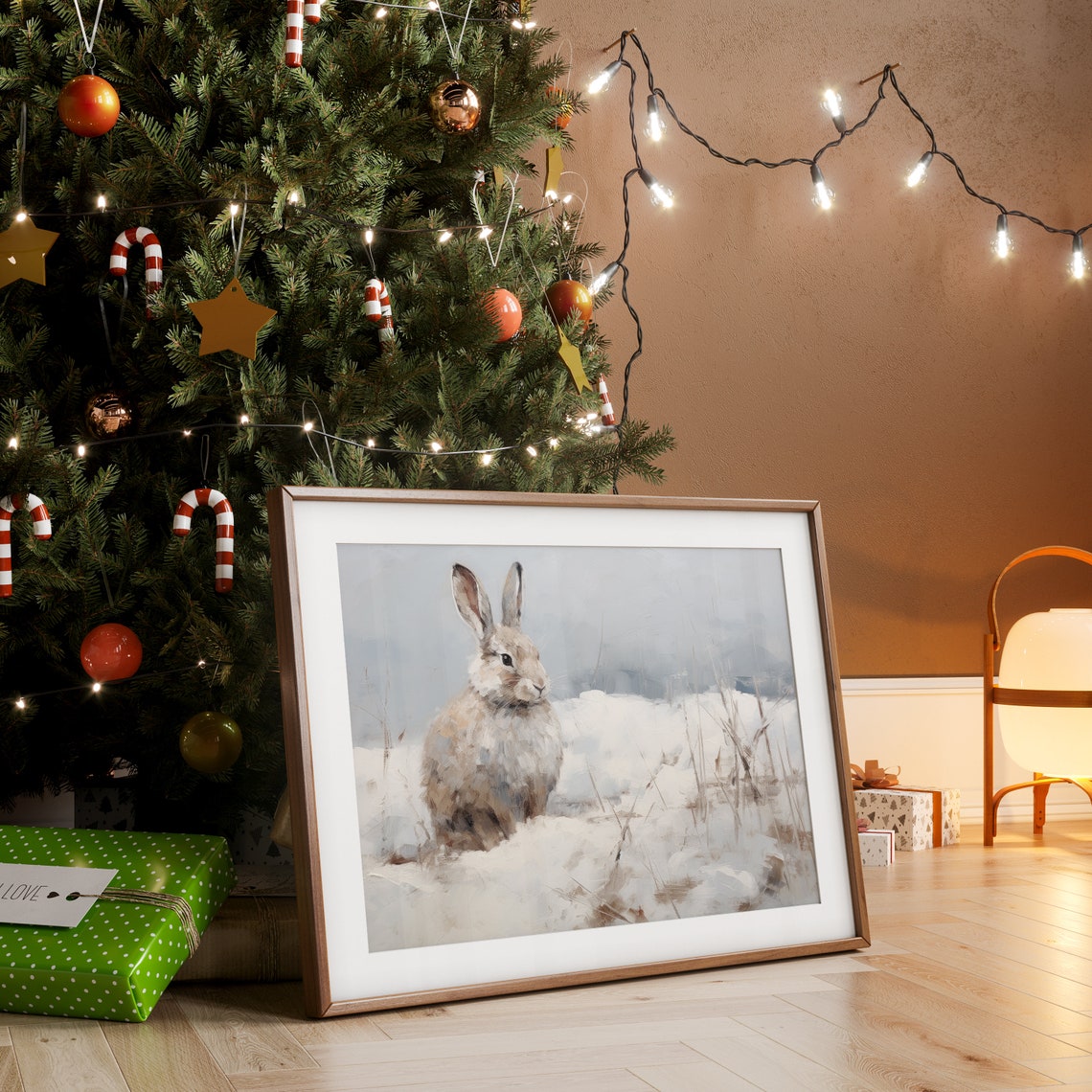 Brown Rabbit in the Snow Impressionist Winter Wildlife Art Poster - Image 2