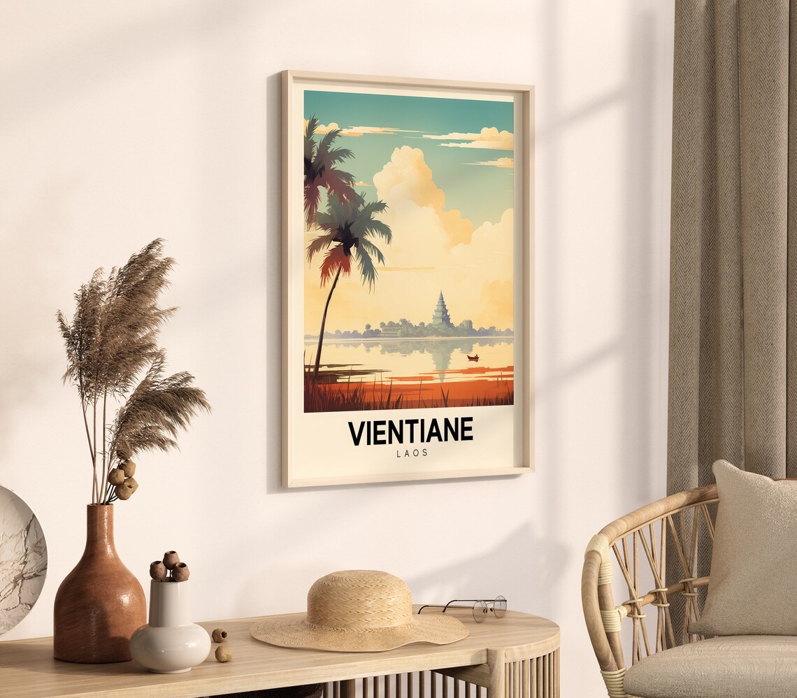 Vientiane Laos Retro River Temple Sunset Colorful Travel Poster - Image 4
