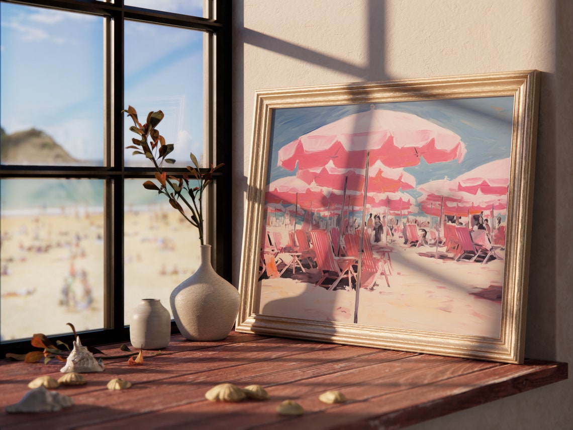 Pink Parasols Beach Chairs Sunny Pastel Seaside Resort Summer Poster - Image 3