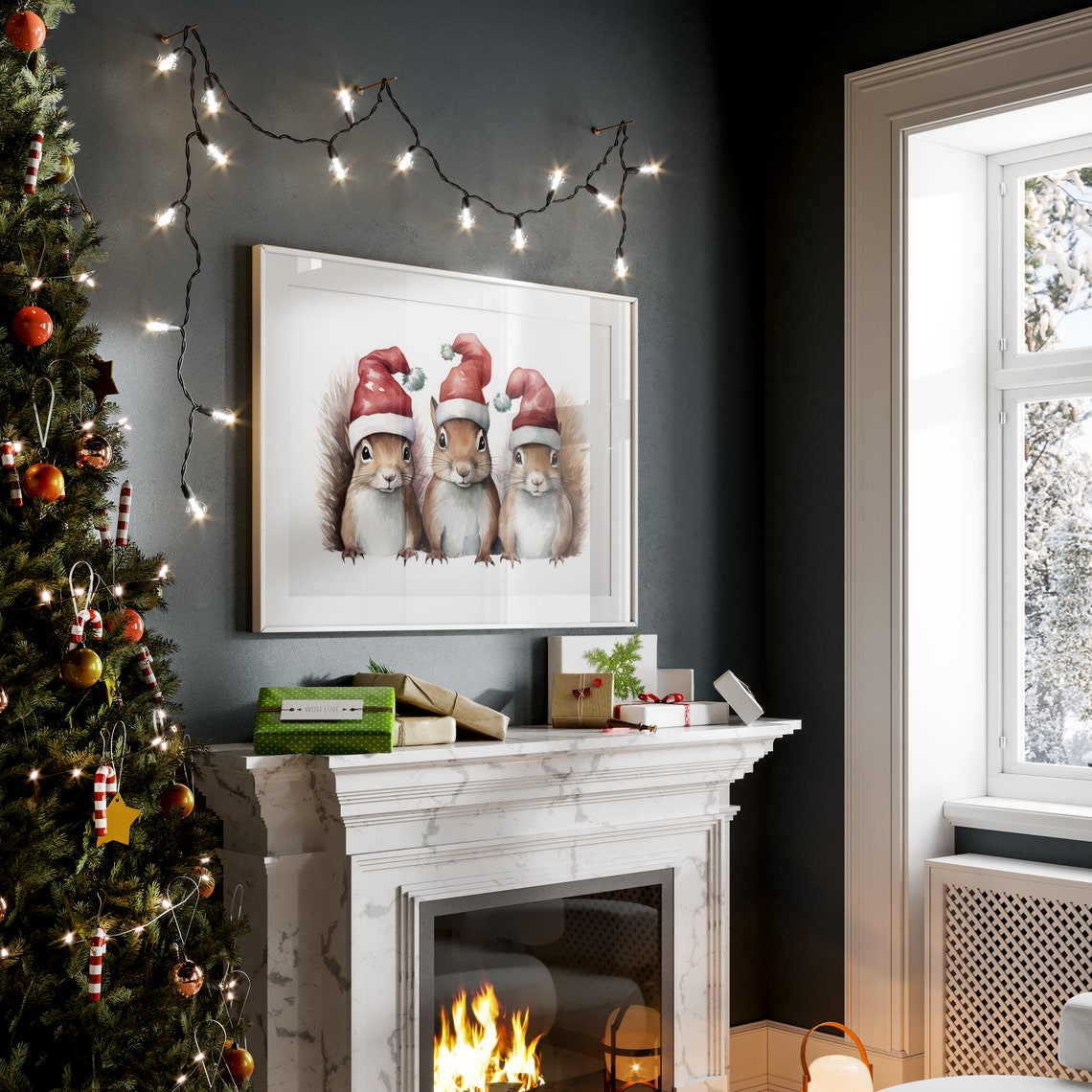 Three Christmas Squirrels Santa Hat Watercolor Holiday Poster - Image 3