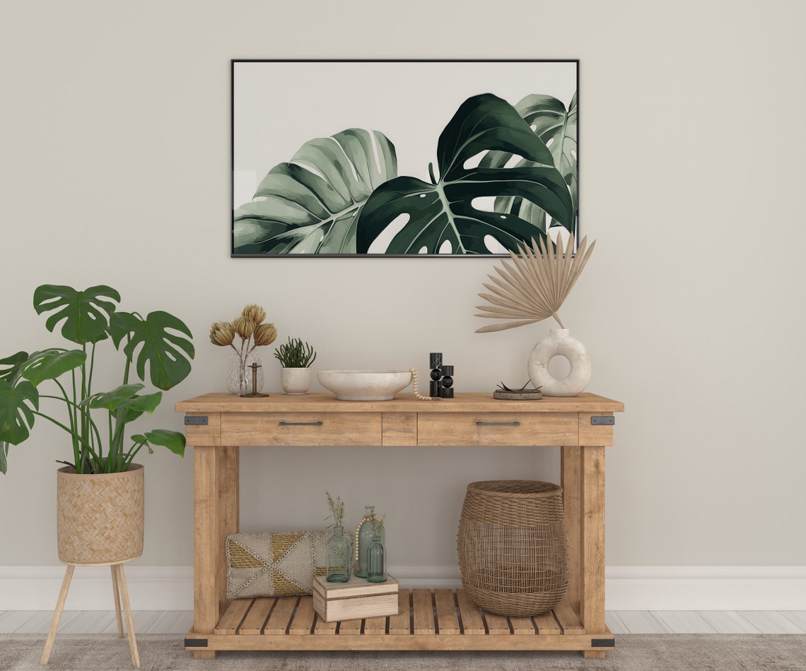 Monstera Deliciosa Leaves Botanical Green Tropical Foliage Wall Art - Image 2