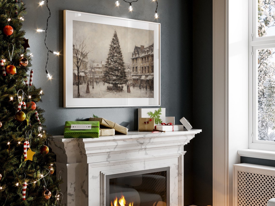 Vintage Christmas Tree in a Snowy Town Square Winter Scene Poster - Image 3