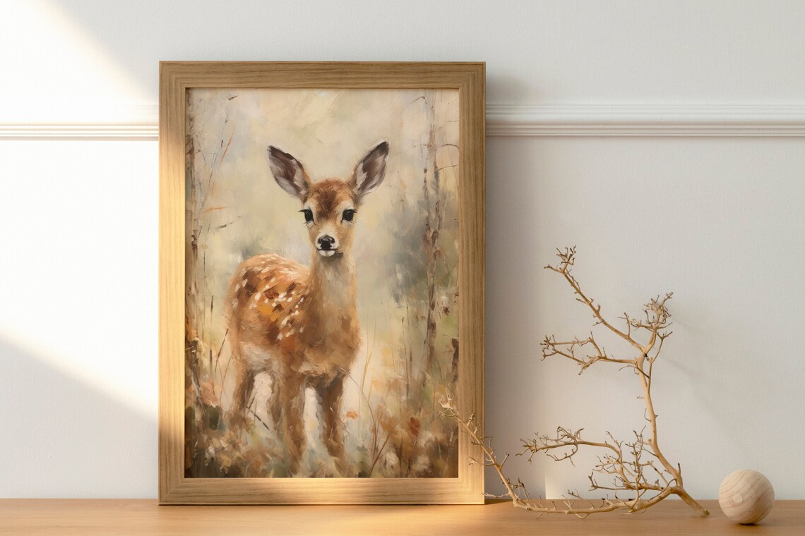 Sweet Baby Fawn Spotted Deer In Autumn Meadow Vintage Poster - Image 3