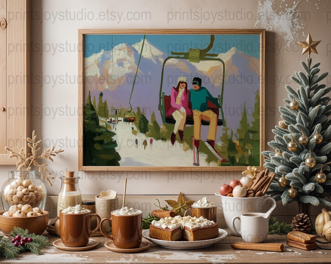 Happy Couple Ski Lift Mountain Winter Oil Painting Christmas Poster
