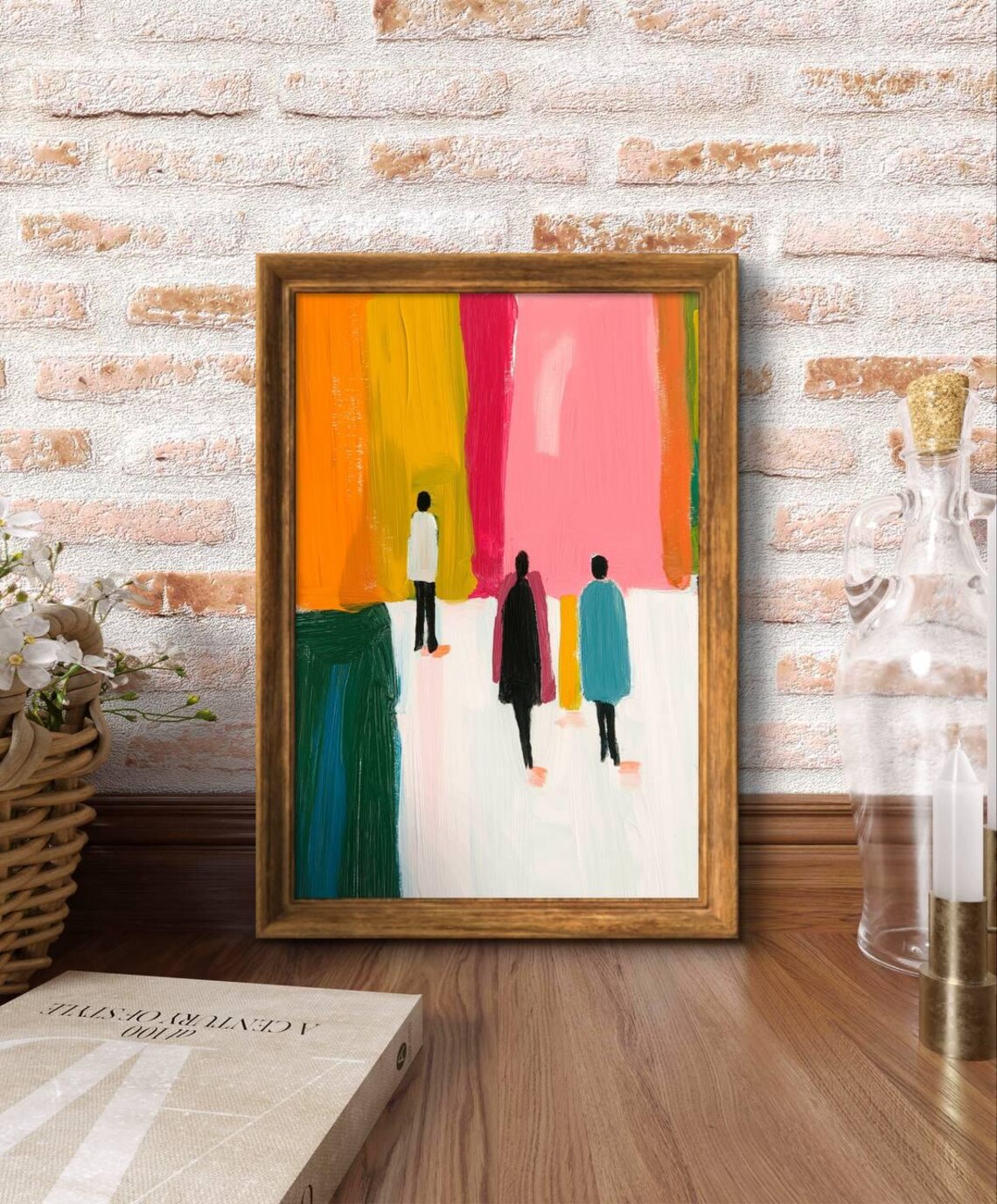 Walking Figures Into Color Abstract Silhouettes Bright Modern Art Poster