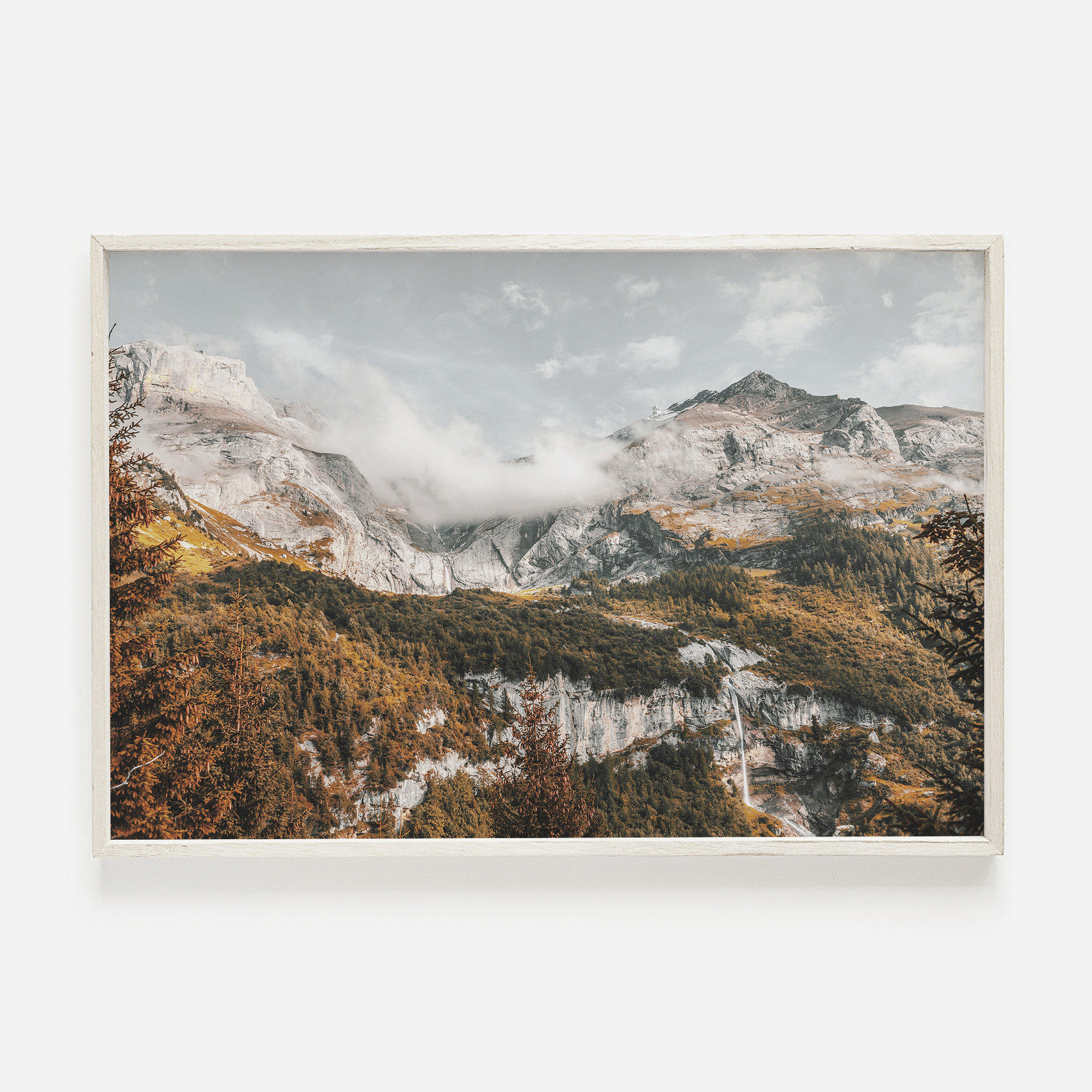 Foggy Autumn Mountain Peak with Waterfall Landscape Photography Poster