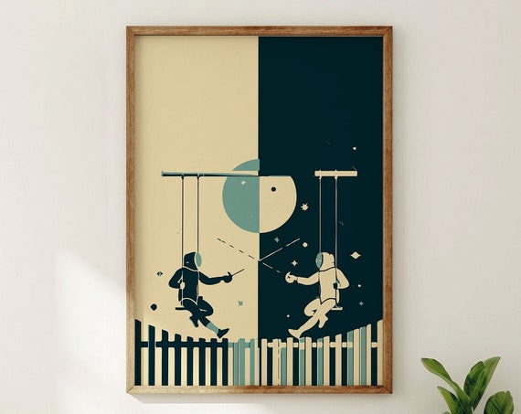 Fencing Wall Art Poster Of Two Fencers In Swings Behind Fence Print For Fun Fencer Gift I Framed White Black Oak Lightwood Wooden Frame