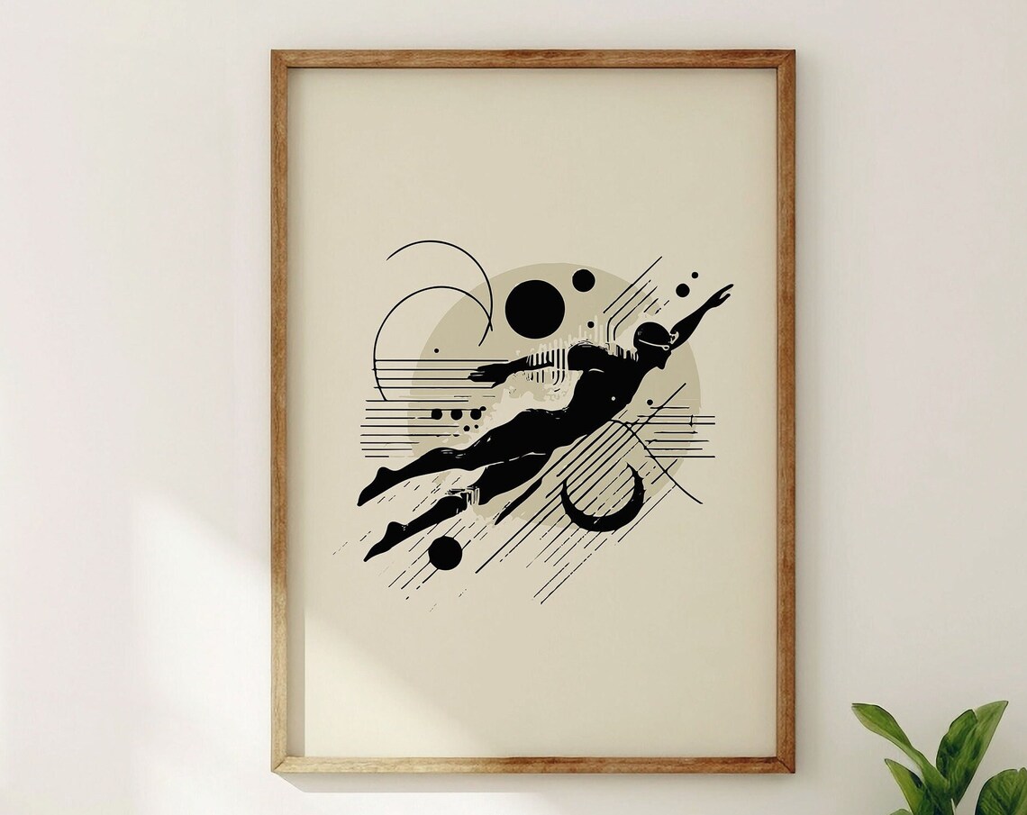 Underwater Swimmer Geometric Sun Moon Lines Abstract Swim Wall Art - Image 2