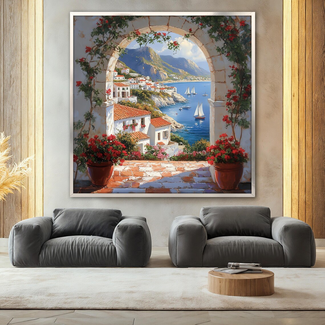Mediterranean Coast Painting, Coastal Village Arch View - Image 2