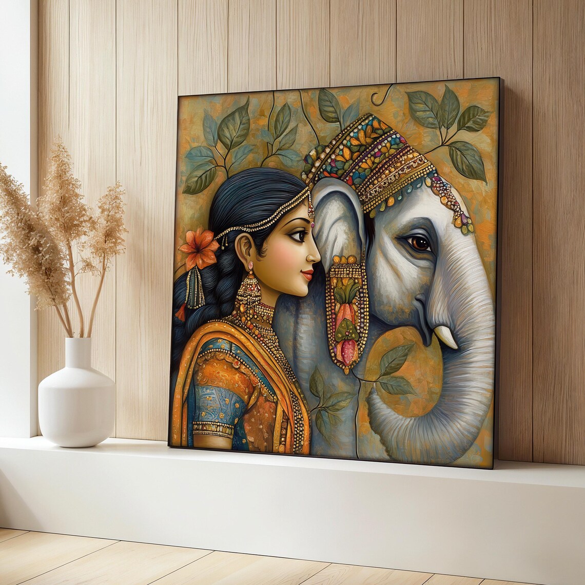 Indian Woman in Sari With Decorated Elephant Head Art Poster