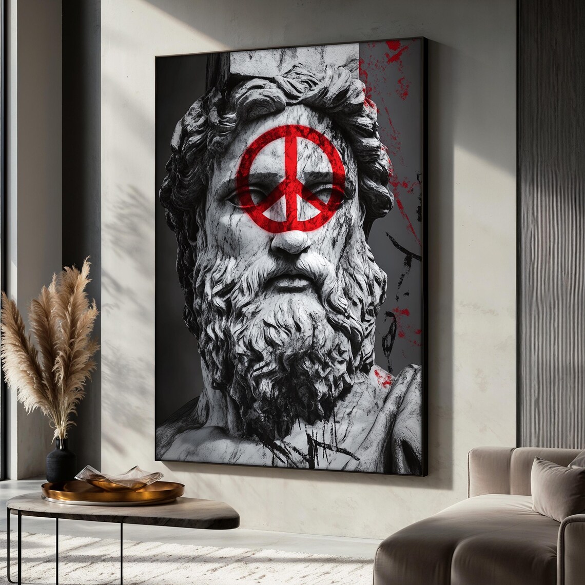 Zeus Painting With Red Peace Symbol, Graffiti Decor