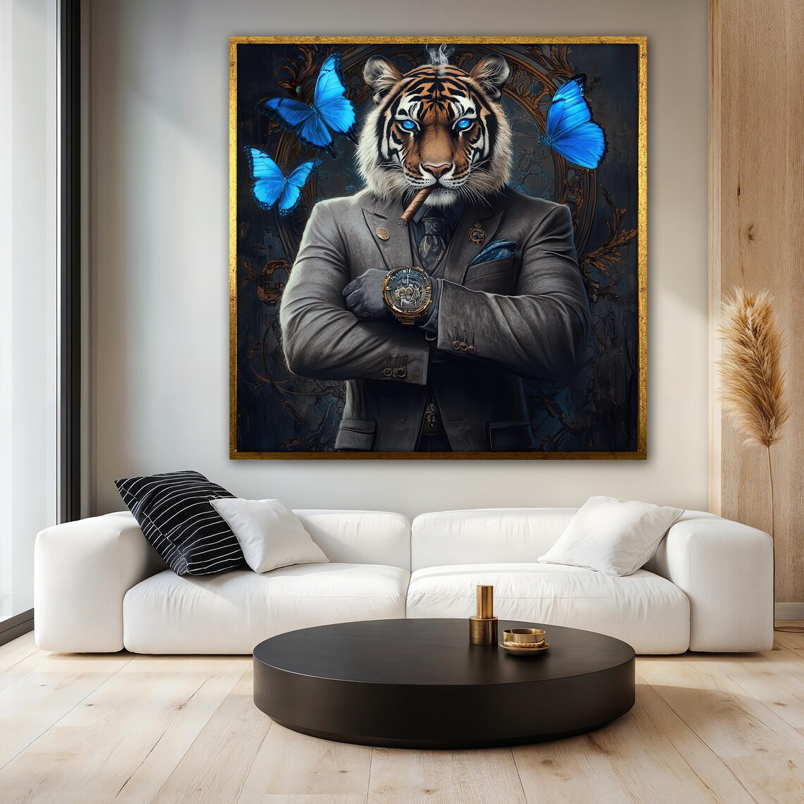 Tiger In Suit Painting With Blue Butterflies, Poster - Image 3