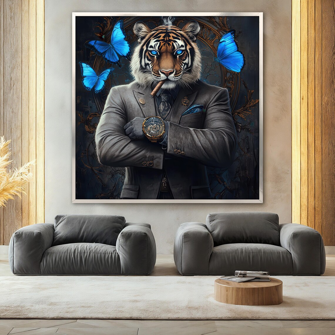 Tiger In Suit Painting With Blue Butterflies, Poster - Image 2