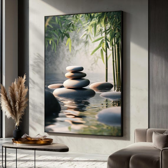 Zen Stone with Bamboo and Water Reflection