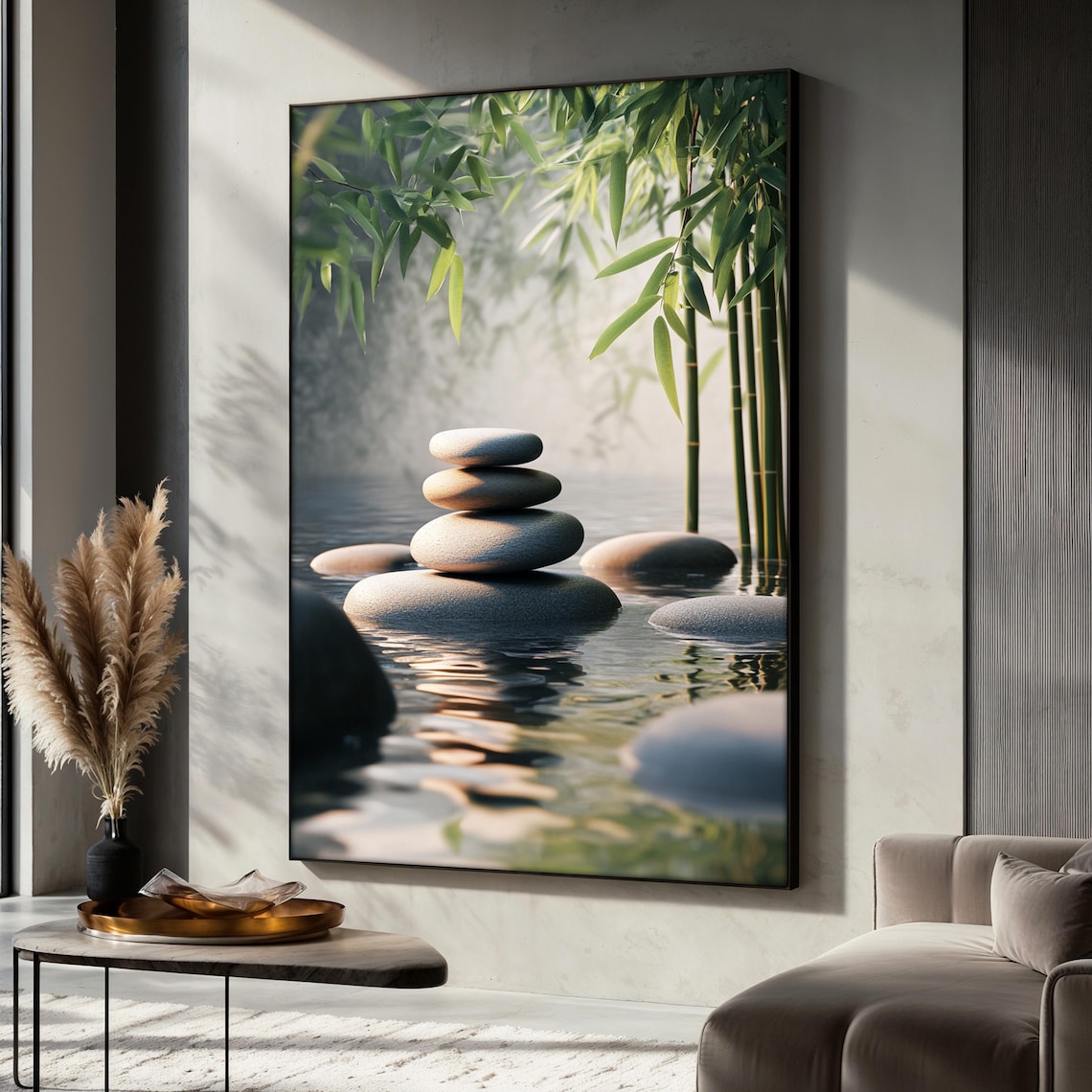 Zen Stone with Bamboo and Water Reflection