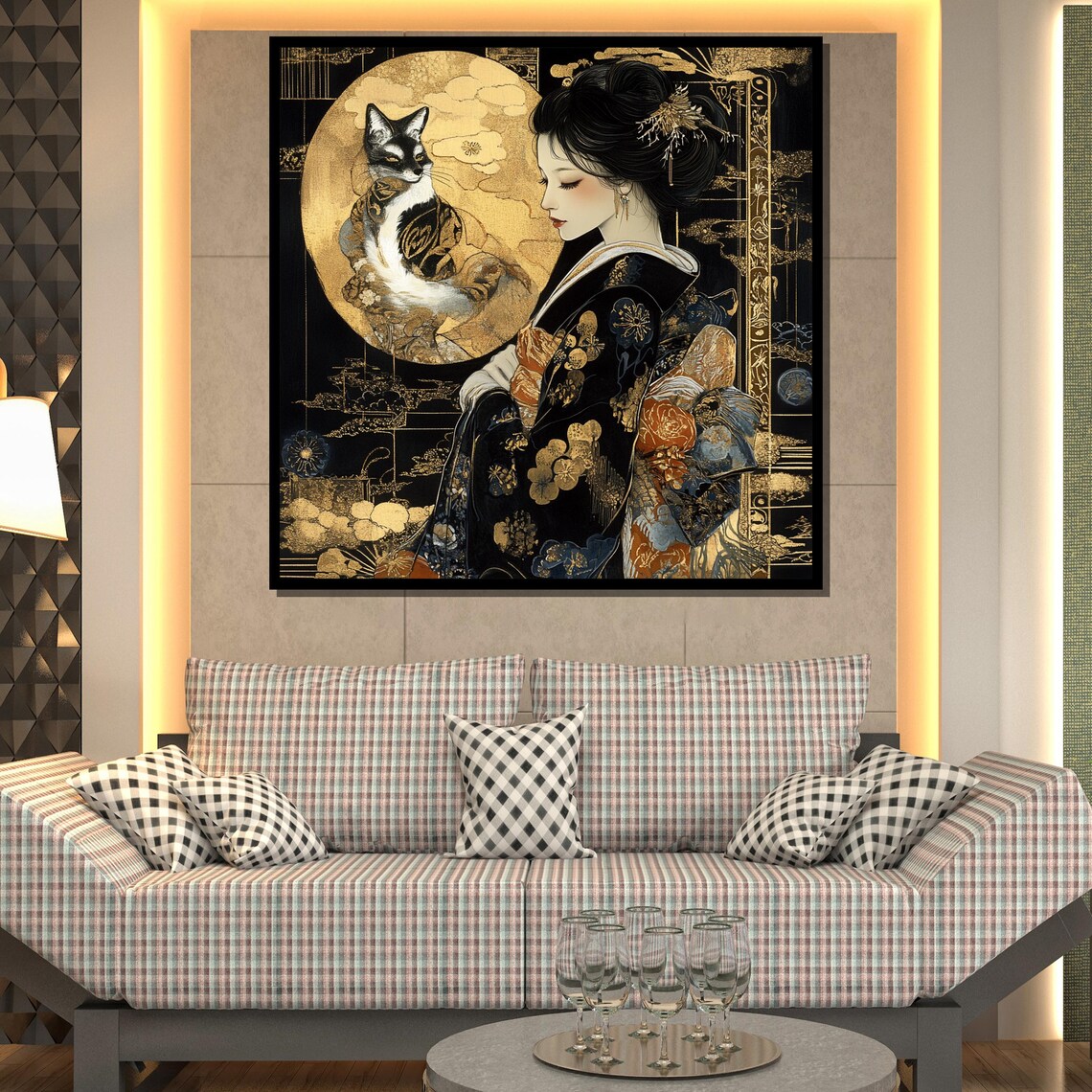 Elegant Japanese Woman With Cat, Mystical Asian Decor - Image 2