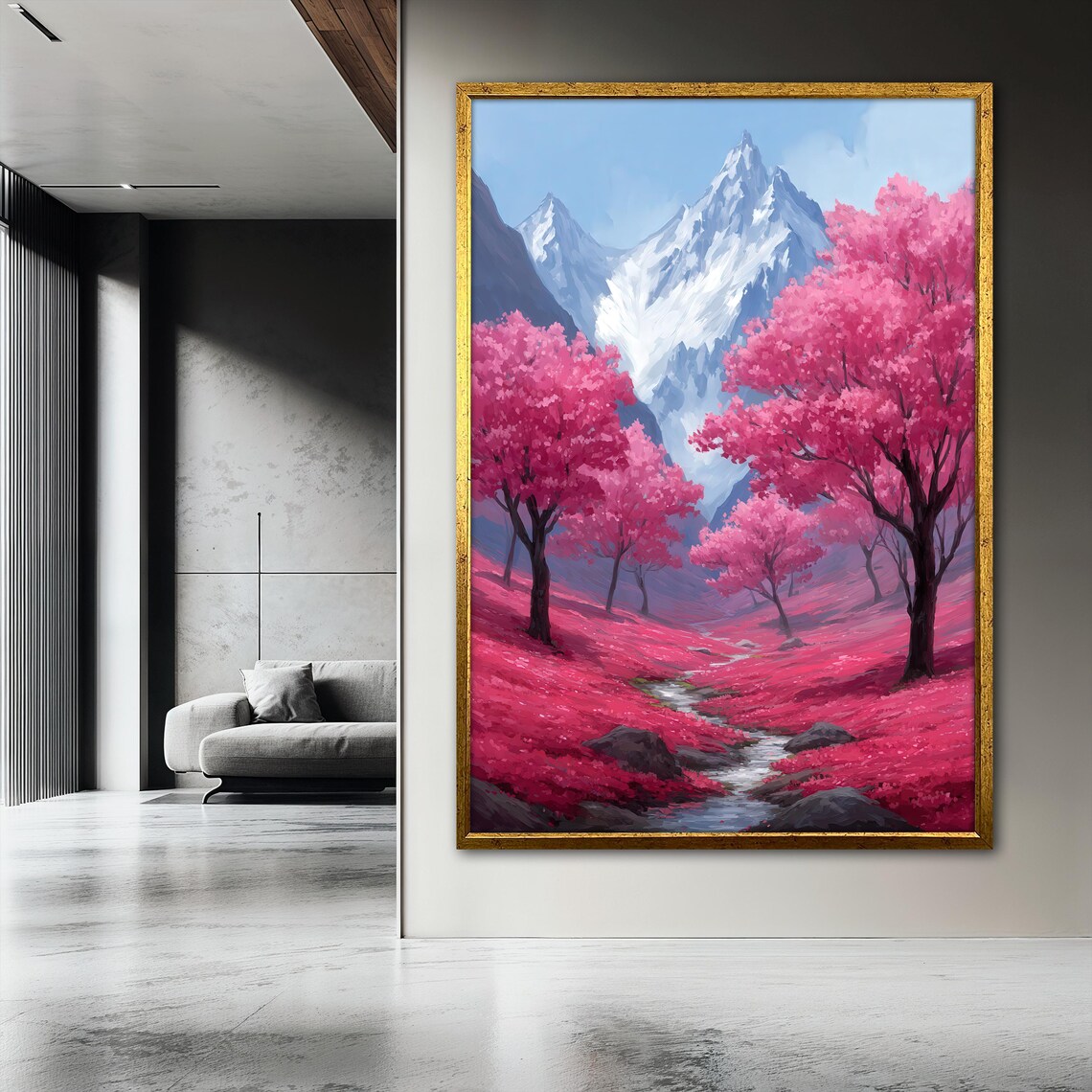 Mountain Landscape Painting, Snowy Peaks And River - Image 3