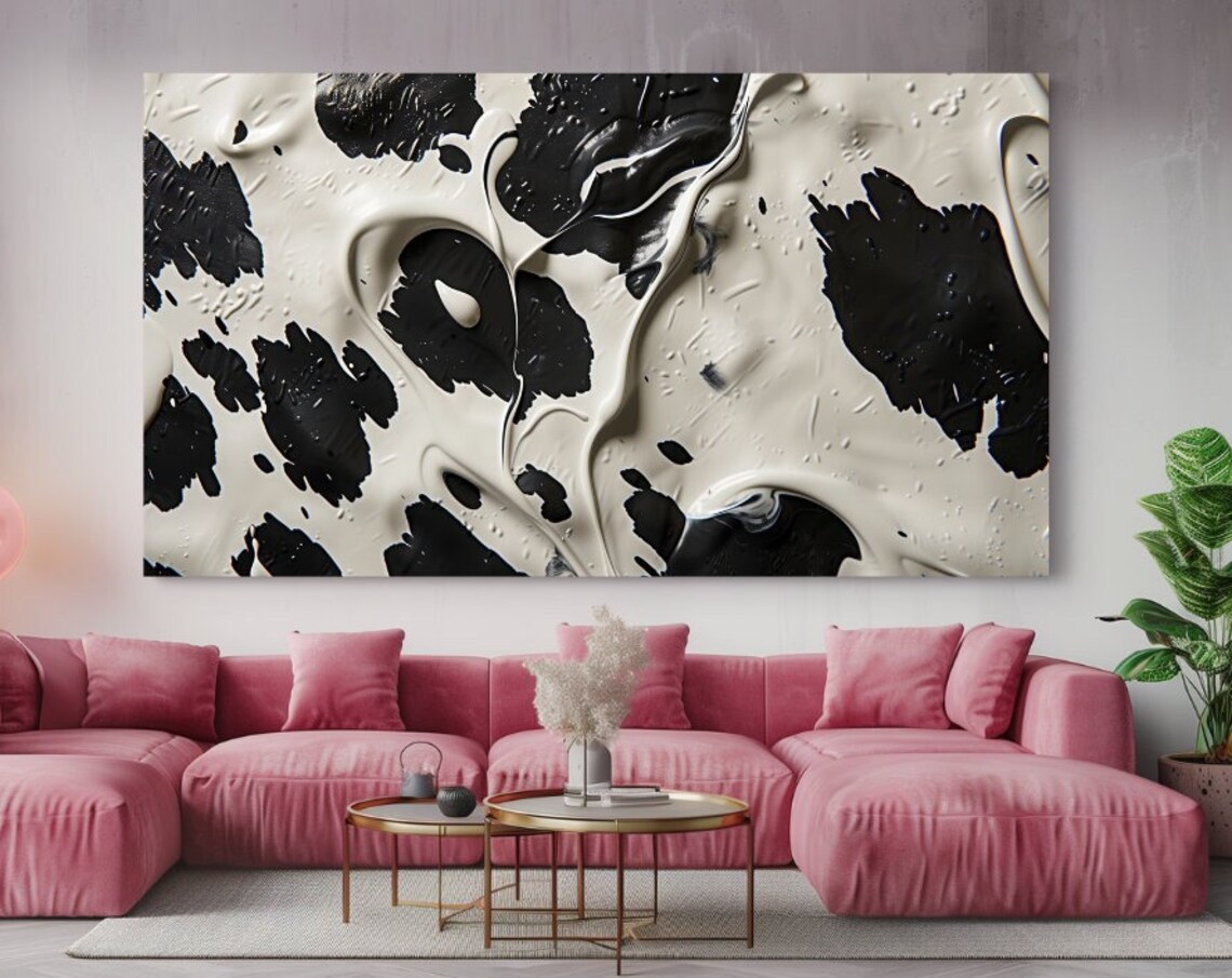 Black White Cow Spots Abstract Textured Impasto Modern Art Poster