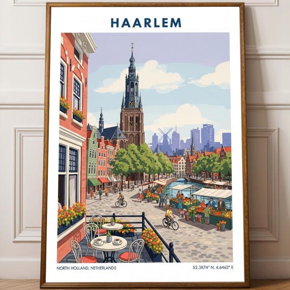 Haarlem Market Scene Art Print Blue Green And Red Illustration Dutch Cityscape Poster Netherlands Travel For Living Room