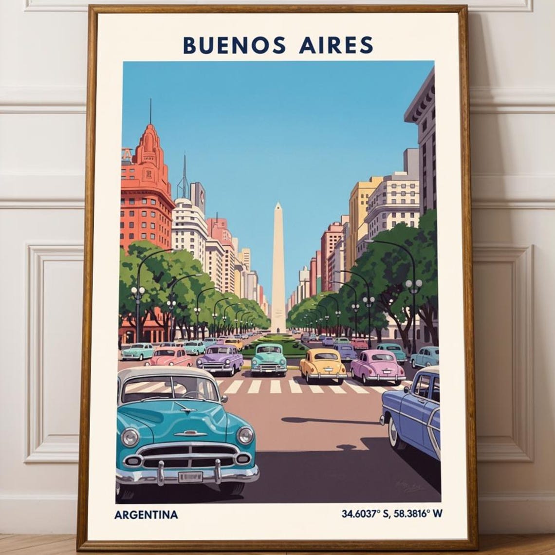 Buenos Aires Argentina Obelisk Classic Cars Retro Street Poster