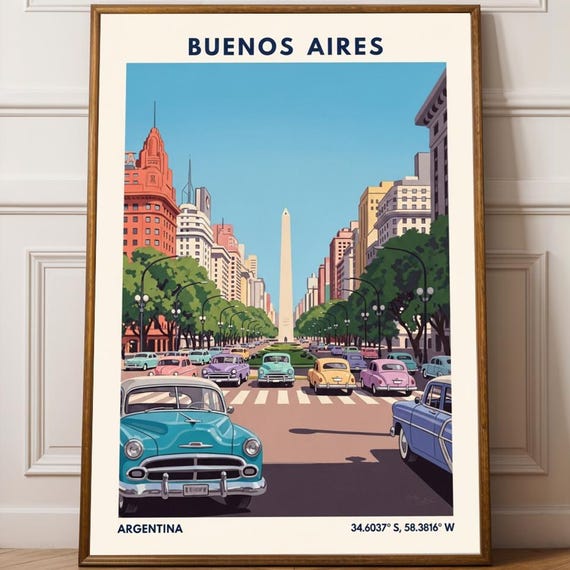 Buenos Aires Obelisk Poster Retro Midcentury Modern Argentina Cityscape Art Blue And Pink Illustration Travel Decor