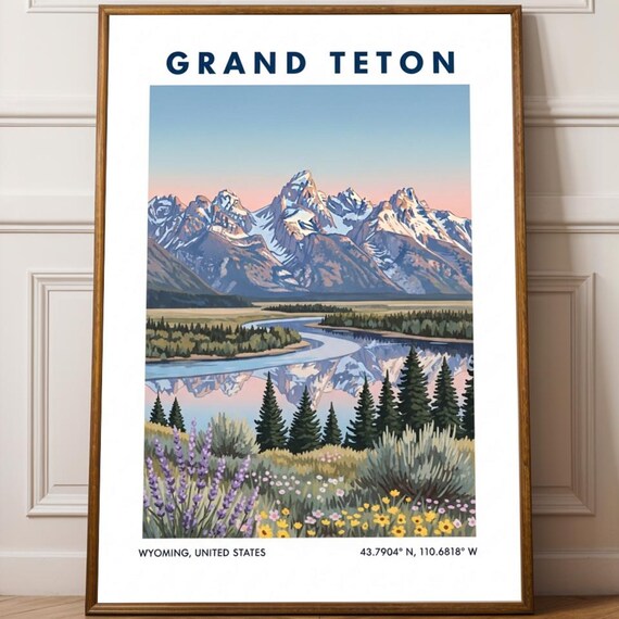 Grand Teton Wyoming Snowy Peaks River Reflection Wildflower Travel Poster