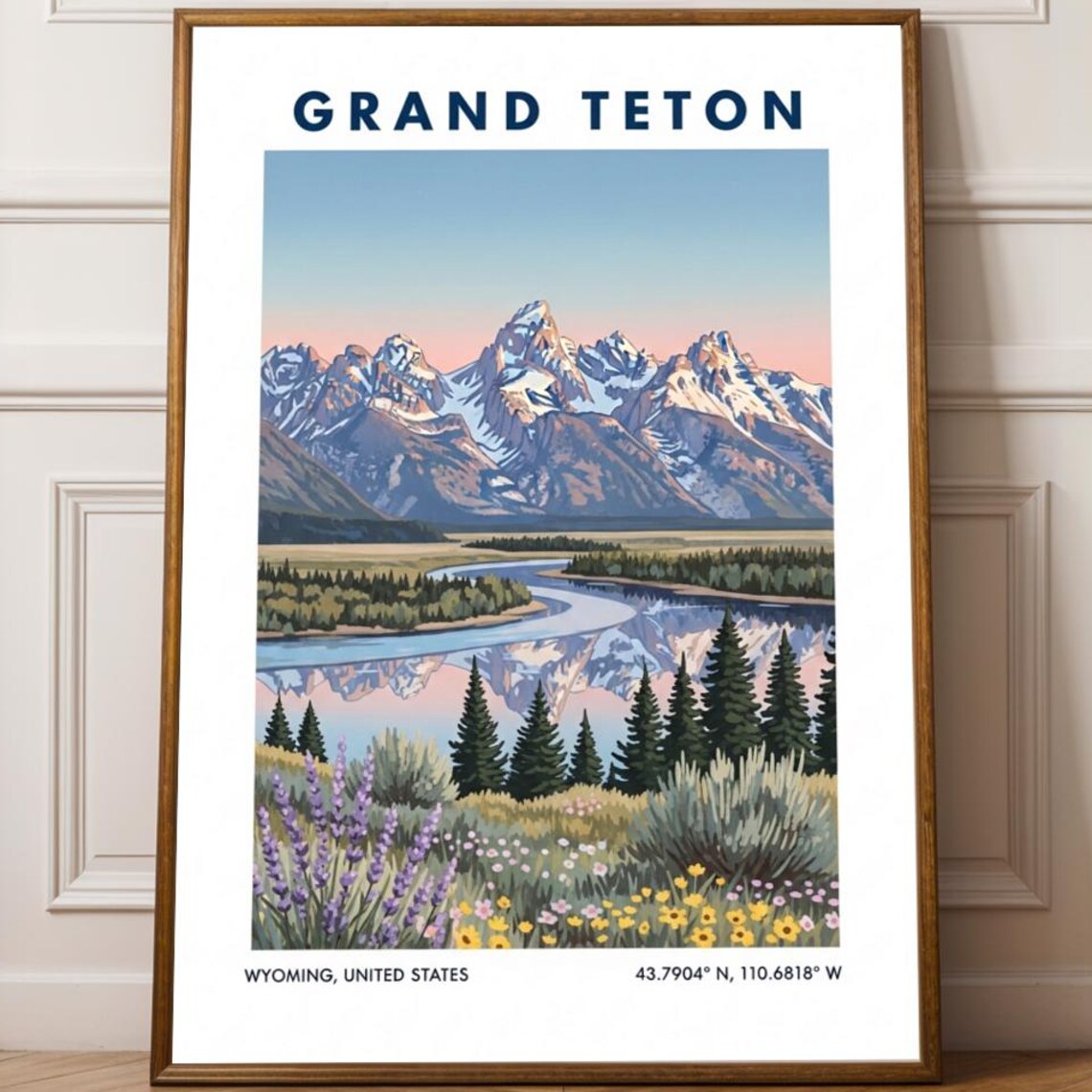 Grand Teton Wyoming Snowy Peaks River Reflection Wildflower Travel Poster