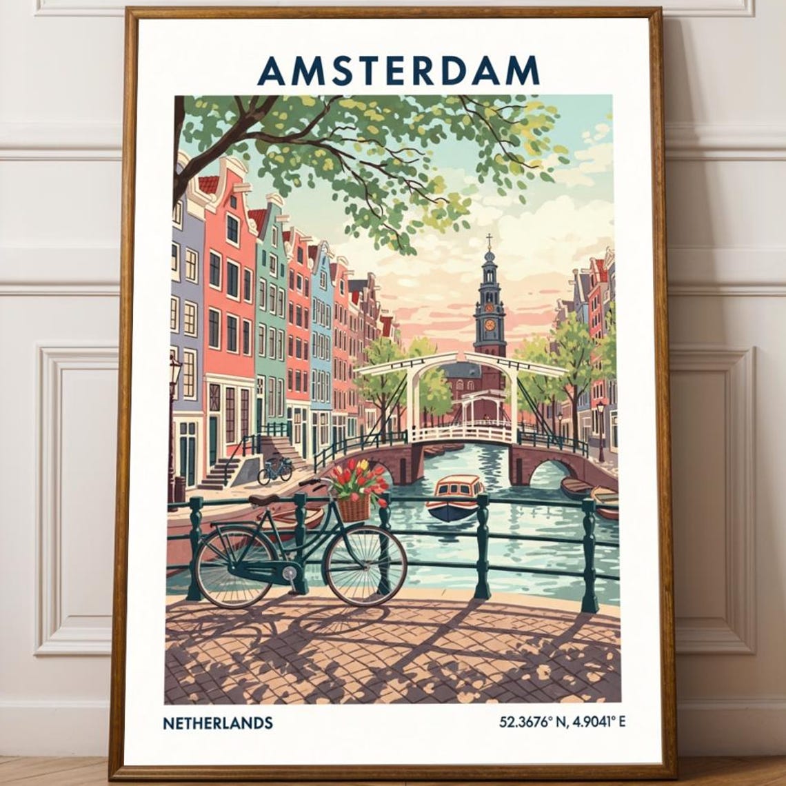 Amsterdam Netherlands Canal Drawbridge Tulips Bicycles Travel Poster