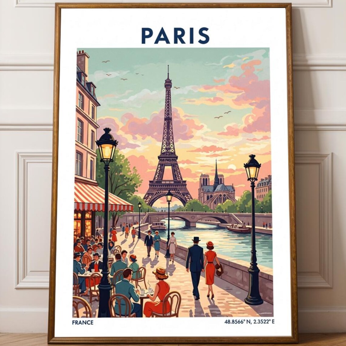 Paris France Vintage Travel Poster Eiffel Tower Sunset Cafe Scene Art
