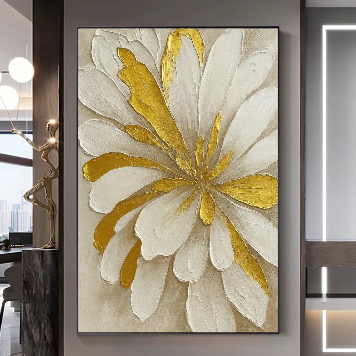 Gold White Floral Painting, Modern Neutral Decor