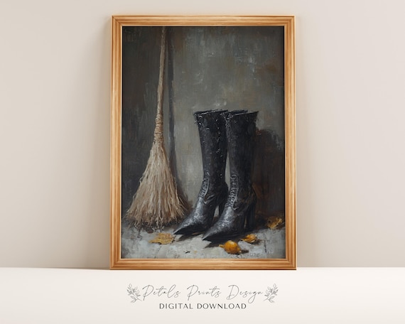 Witch Boots and Broom with Autumn Leaves Vintage Halloween Decor Poster