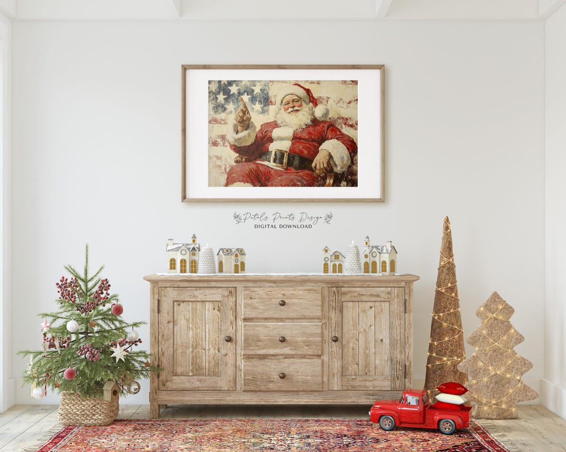Santa Claus Pointing Up with American Flag Rustic Vintage Art Poster - Image 2