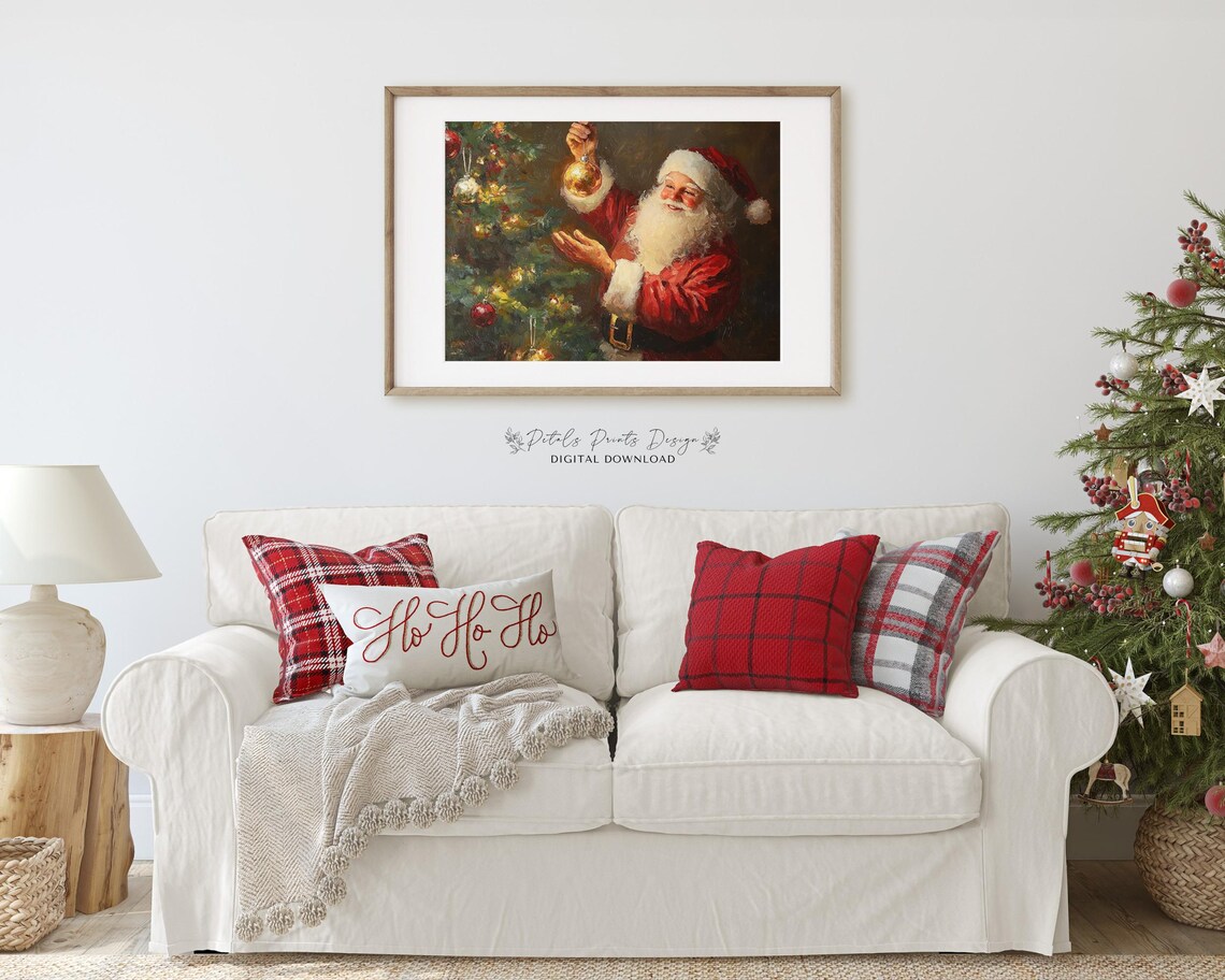 Santa Hanging Gold Ornament on Christmas Tree Oil Painting Poster - Image 2