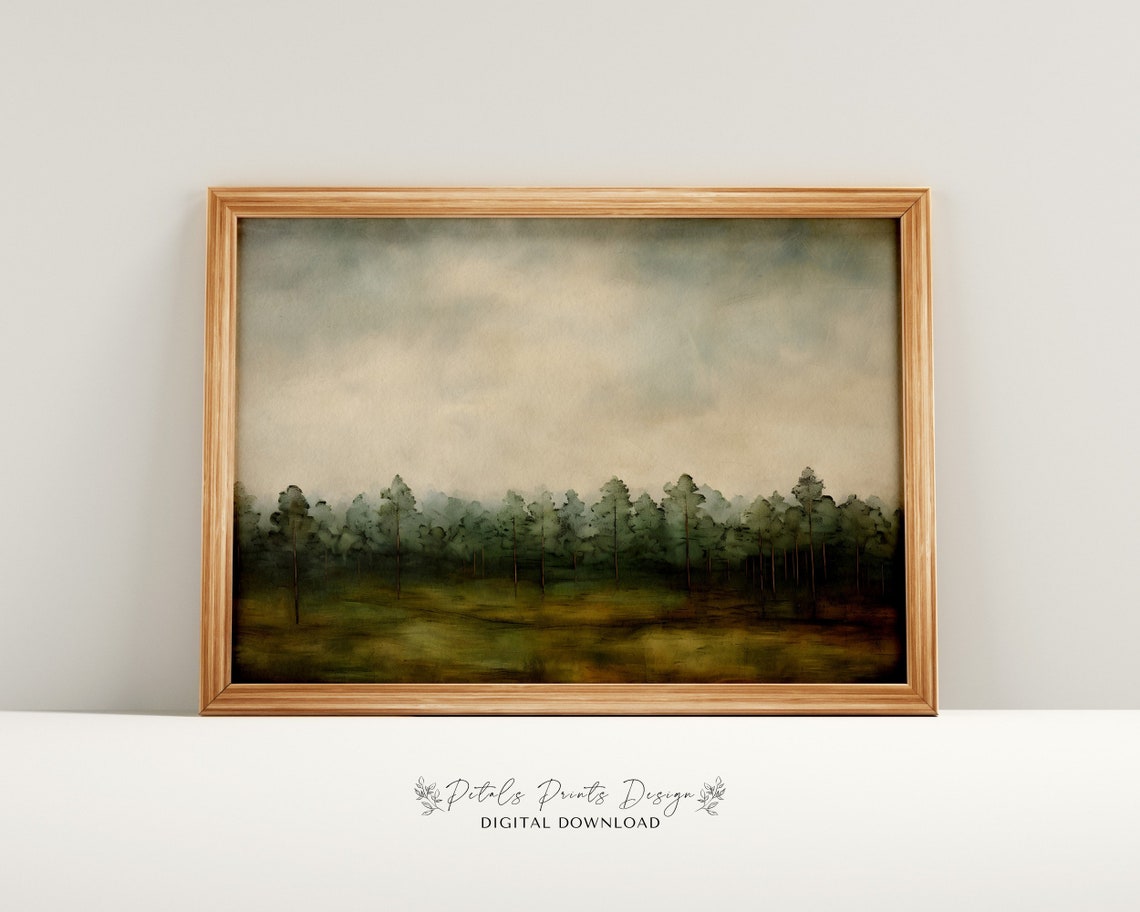 Misty Pine Forest Treeline Soft Green Watercolor Woodland Scene Poster