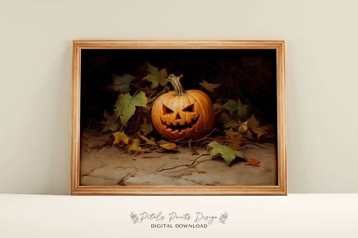 Vintage Halloween Pumpkin Painting, Rustic Autumn Art Print