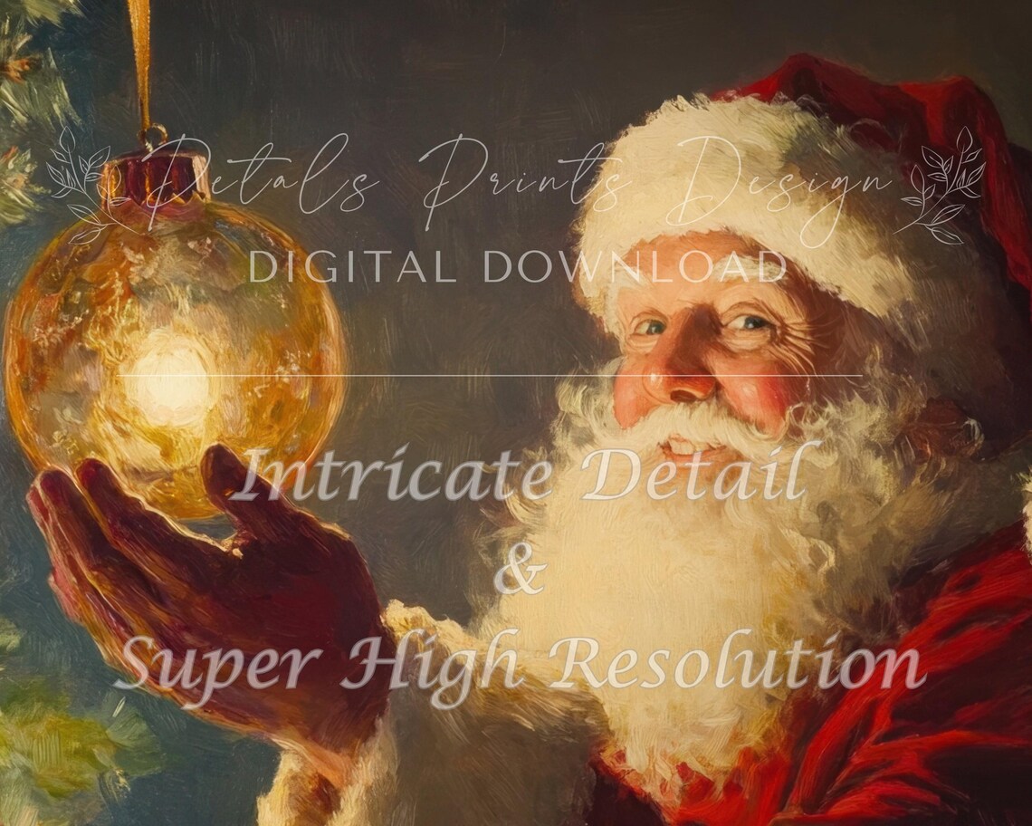 Santa Claus Holding Glowing Gold Ornament at Christmas Tree Art Poster - Image 3
