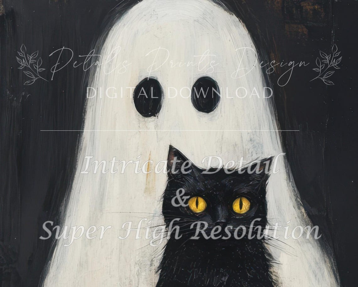 Cute Ghost Holding Black Cat Halloween Gothic Dark Oil Painting Poster - Image 2