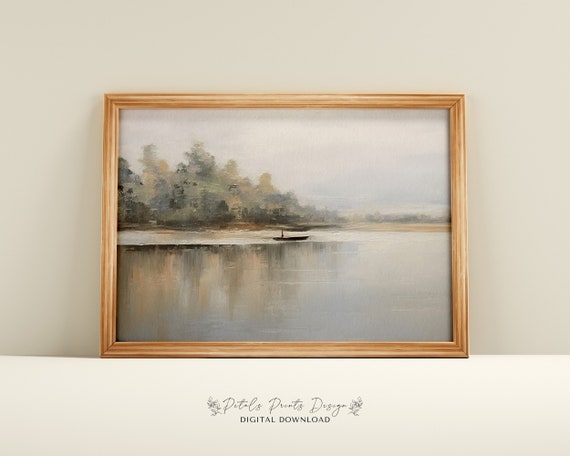 Vintage Landscape Oil Painting Vintage Landscape Print Rustic Lakeshore Landscape Painting Nature Lake Able