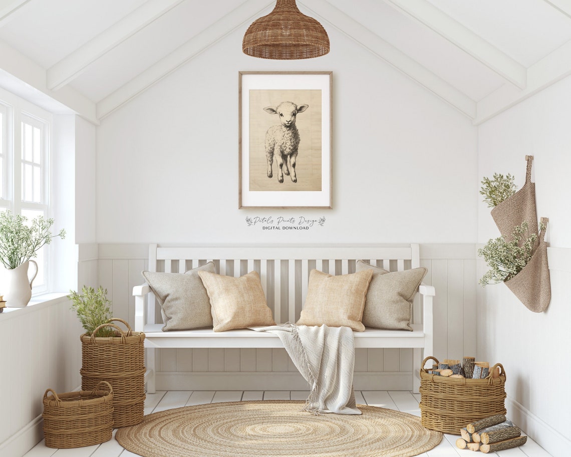 Baby Lamb Ink Sketch on Vintage Book Page Rustic Farm Art Poster - Image 2