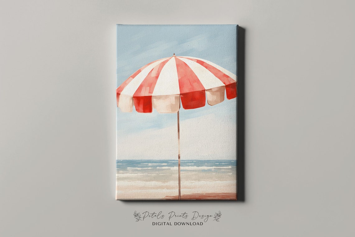 Red White Striped Beach Umbrella Ocean Summer Watercolor Poster - Image 4