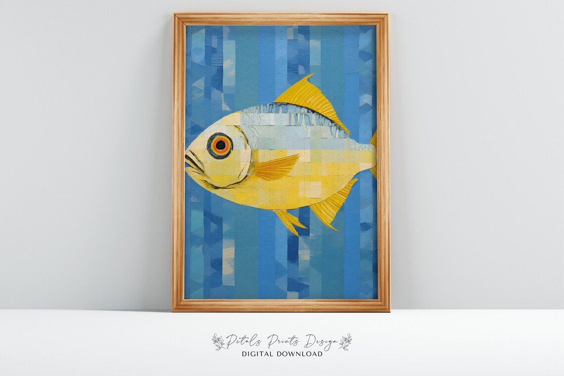 Portrait Yellow Blue Mosaic Fish Striped Tile Ocean Art Poster