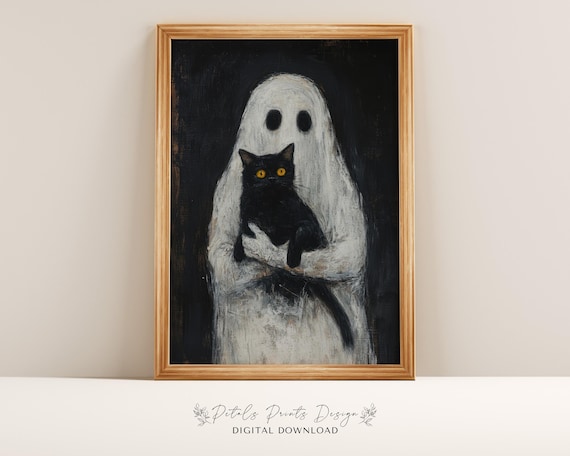 Ghost Hugging Black Cat Spooky Vintage Halloween Painting Poster