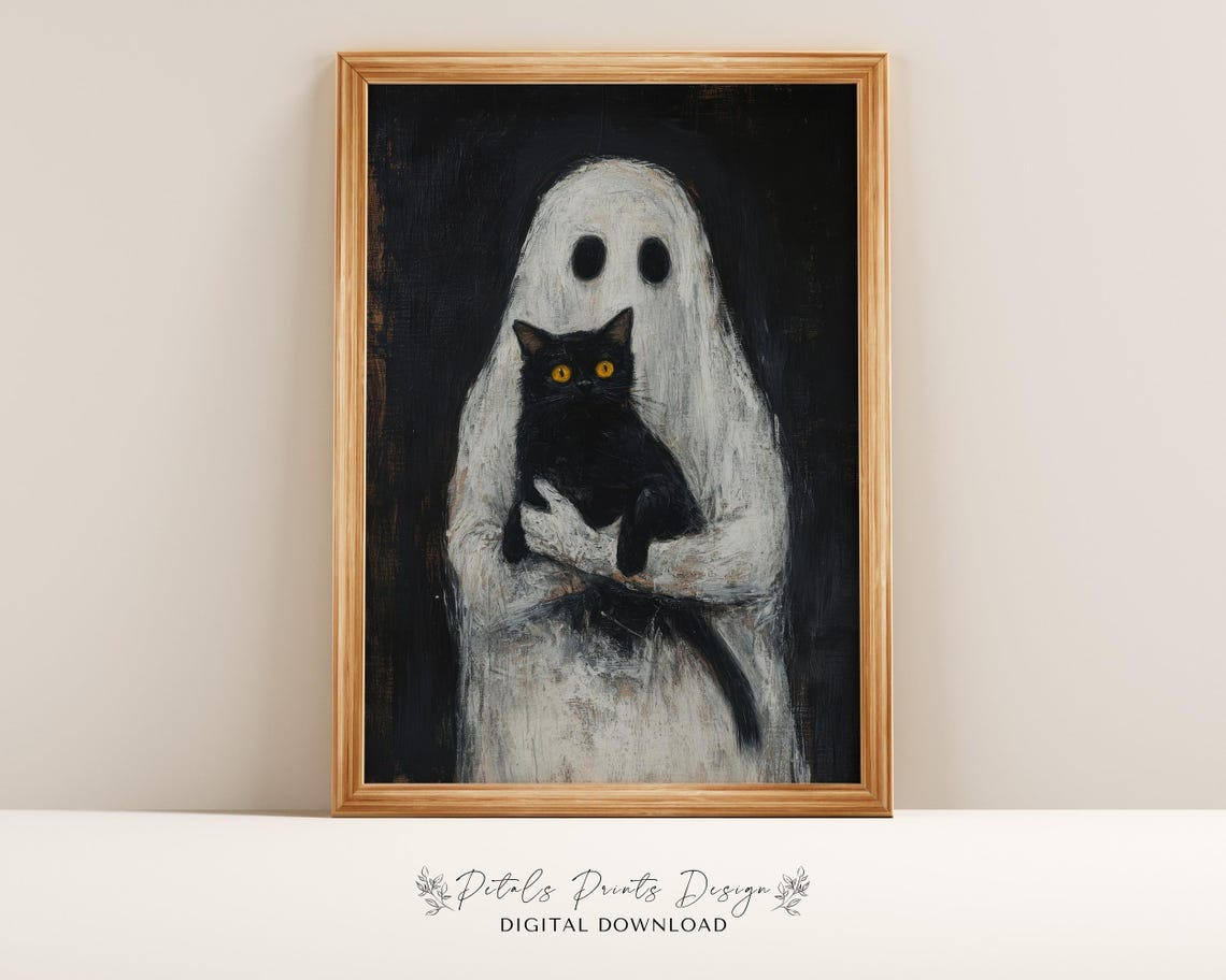 Ghost Hugging Black Cat Spooky Vintage Halloween Painting Poster
