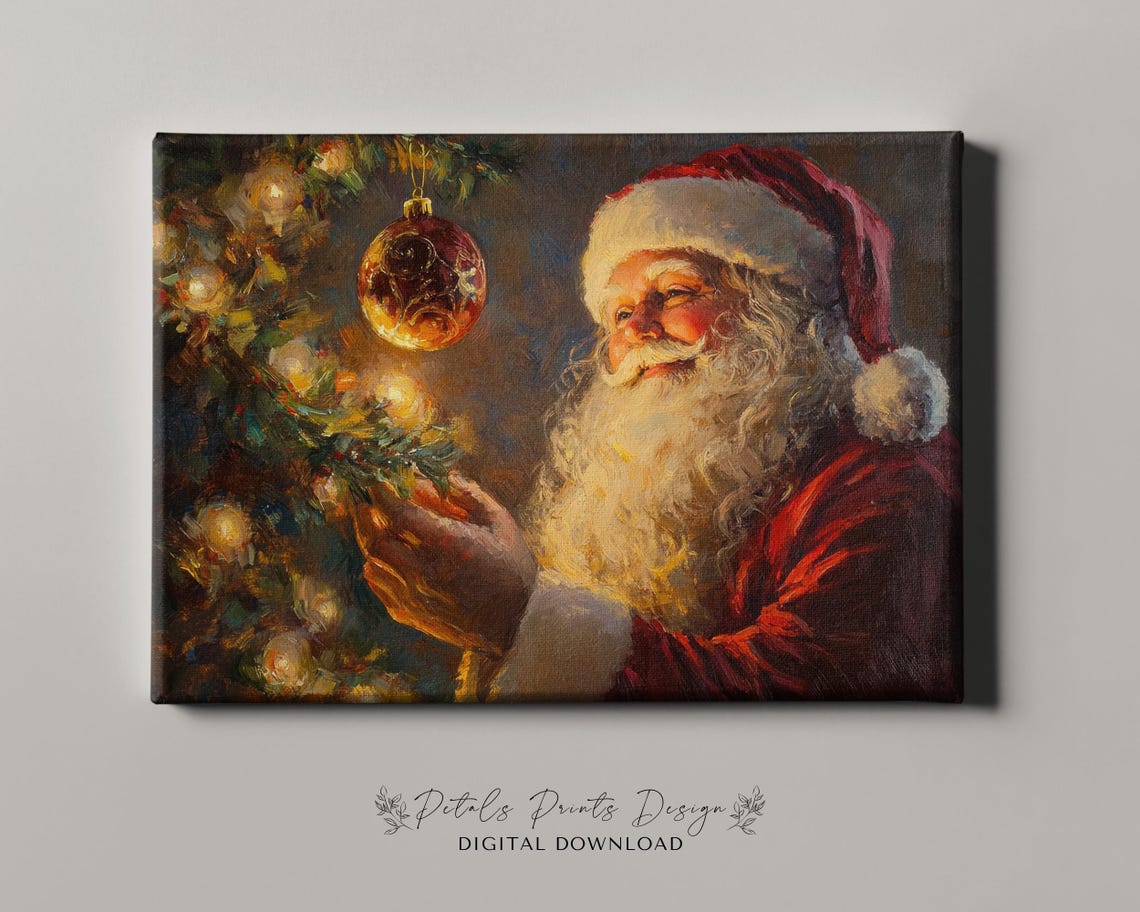 Santa Claus Holding Glowing Red Ornament by Christmas Tree Art Poster - Image 4