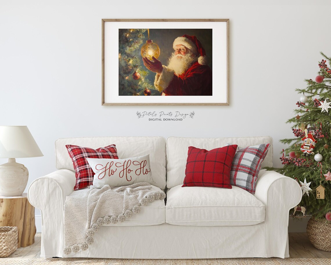 Santa Claus Holding Glowing Gold Ornament at Christmas Tree Art Poster - Image 2